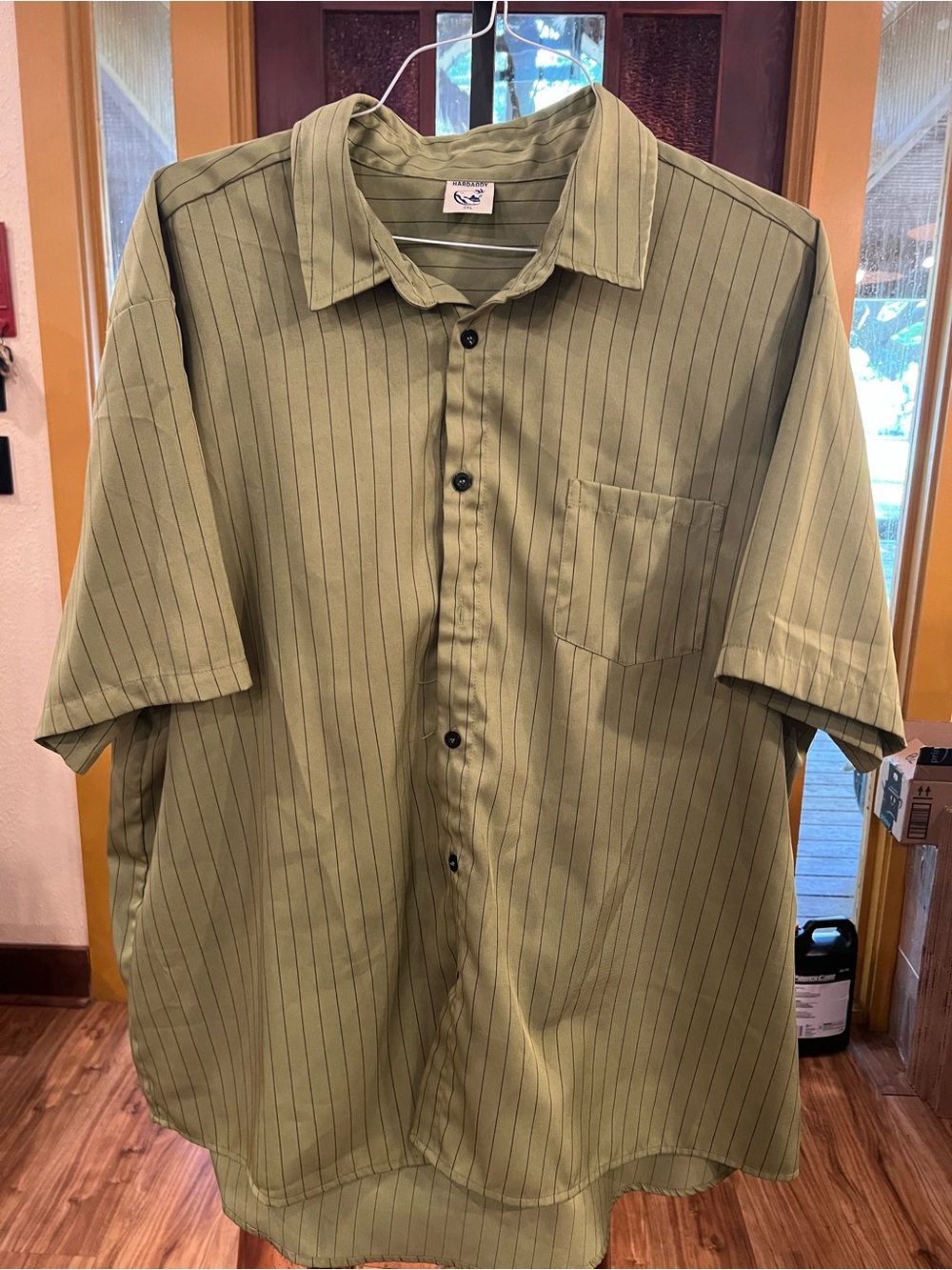 Men's Short Sleeve Pinstripe Button-Down Shirt in Olive Green